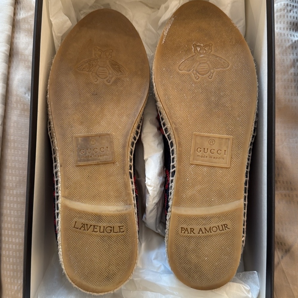 Gucci GG Logo Pilar Jute Espadrille Flat Blue Red Velvet - Picture 5 of 5